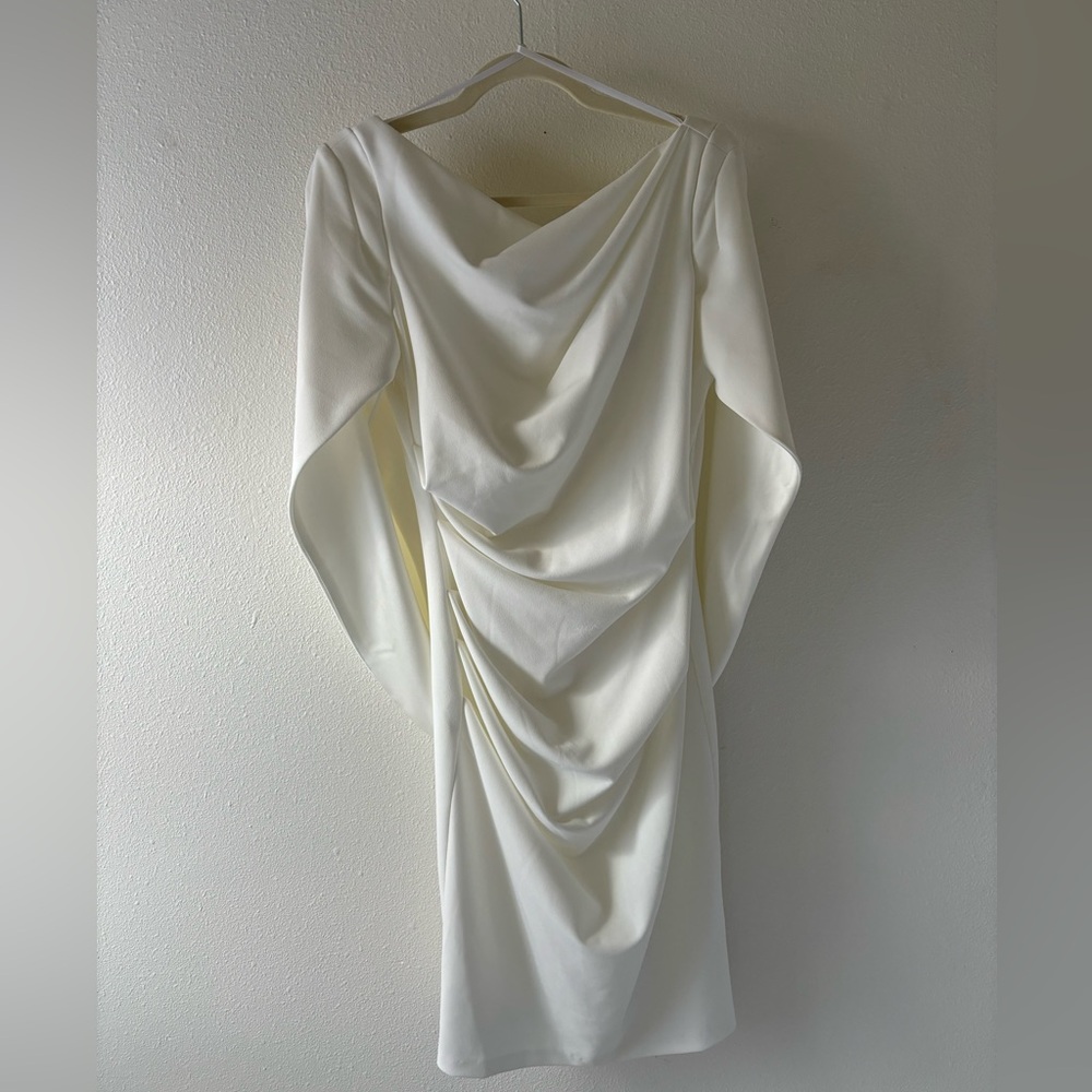 Betsy & Adam White Cape Sleeve Crepe Sheath Dress Size 6